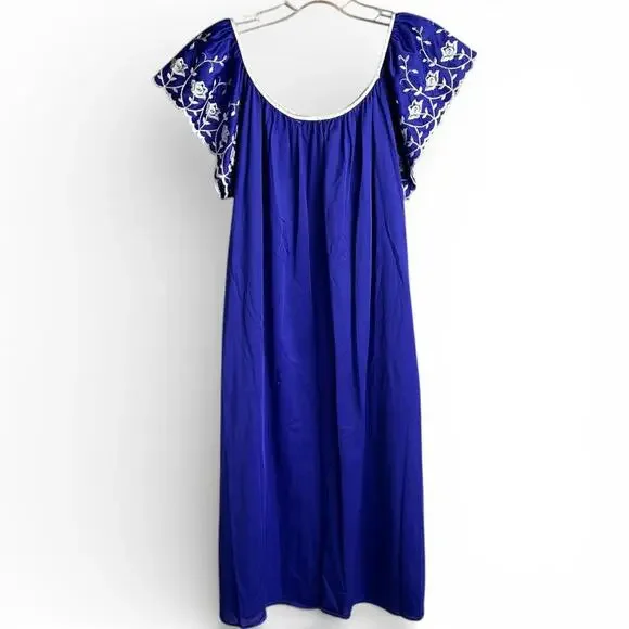 Vintage Royal Blue Embroidered Ruffle Sleeve Nightgown - Picture 2 of 4